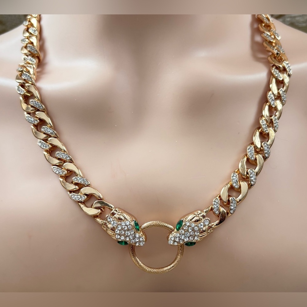 Gold Tone Crystal Snake Panther Head Necklace Green Eyes Statement Chain - Picture 7 of 9